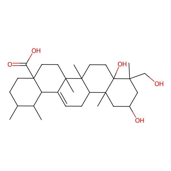 2D Structure of (1S,2R,4aS,6aS,6aS,6bR,8aS,9S,11R,12aR,14bS)-8a,11-dihydroxy-9-(hydroxymethyl)-1,2,6a,6b,9,12a-hexamethyl-1,2,3,4,5,6,6a,7,8,10,11,12,13,14b-tetradecahydropicene-4a-carboxylic acid