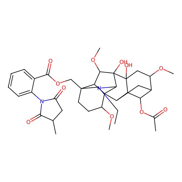 2D Structure of [(1S,4S,5R,6S,8R,9R,13S,16S,18S)-4-acetyloxy-11-ethyl-8,9-dihydroxy-6,16,18-trimethoxy-11-azahexacyclo[7.7.2.12,5.01,10.03,8.013,17]nonadecan-13-yl]methyl 2-[(3S)-3-methyl-2,5-dioxopyrrolidin-1-yl]benzoate