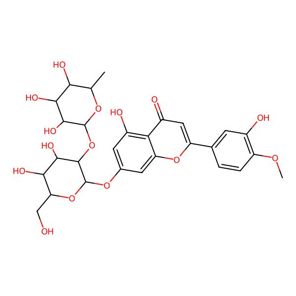 2D Structure of 4H-1-Benzopyran-4-one, 7-[[2-O-(6-deoxy-alpha-L-mannopyranosyl)-beta-D-glucopyranosyl]oxy]-5-hydroxy-2-(3-hydroxy-4-methoxyphenyl)-
