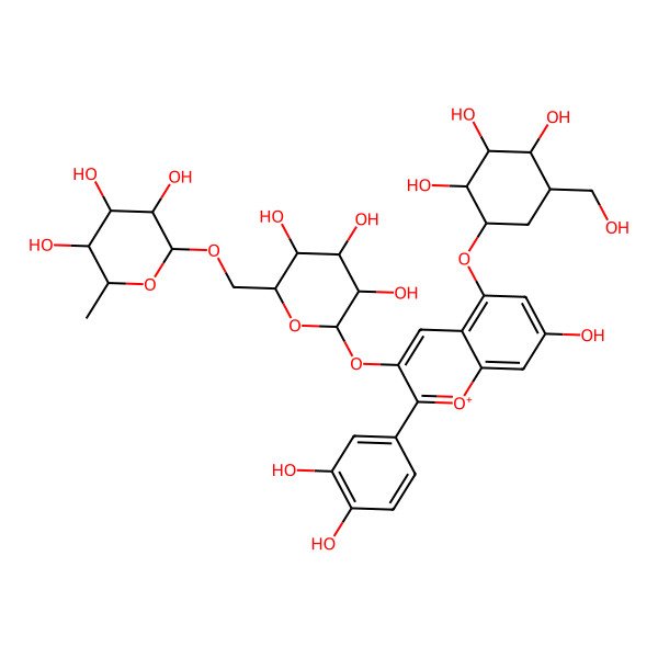 2D Structure of (2R,3R,4R,5R,6S)-2-[[(2R,3S,4S,5R,6S)-6-[2-(3,4-dihydroxyphenyl)-7-hydroxy-5-[(1R,2R,3S,4S,5R)-2,3,4-trihydroxy-5-(hydroxymethyl)cyclohexyl]oxychromenylium-3-yl]oxy-3,4,5-trihydroxyoxan-2-yl]methoxy]-6-methyloxane-3,4,5-triol