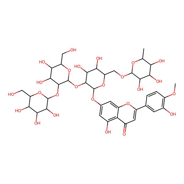2D Structure of 7-[(2S,3R,4S,5S,6R)-3-[(2S,3R,4S,5S,6R)-4,5-dihydroxy-6-(hydroxymethyl)-3-[(2S,3R,4S,5S,6R)-3,4,5-trihydroxy-6-(hydroxymethyl)oxan-2-yl]oxyoxan-2-yl]oxy-4,5-dihydroxy-6-[[(2R,3R,4R,5R,6S)-3,4,5-trihydroxy-6-methyloxan-2-yl]oxymethyl]oxan-2-yl]oxy-5-hydroxy-2-(3-hydroxy-4-methoxyphenyl)chromen-4-one