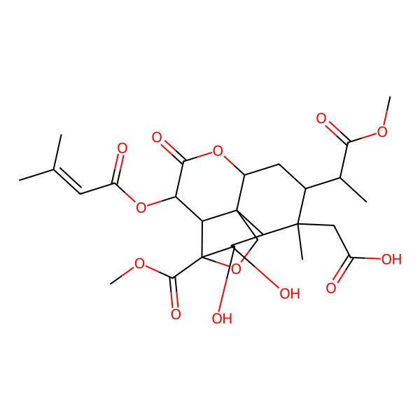 2D Structure of 2-[(1R,2S,3R,6R,8S,9S,10R,11R,12S,13S)-11,12-dihydroxy-13-methoxycarbonyl-8-[(2S)-1-methoxy-1-oxopropan-2-yl]-9-methyl-3-(3-methylbut-2-enoyloxy)-4-oxo-5,14-dioxatetracyclo[8.5.0.01,6.02,13]pentadecan-9-yl]acetic acid