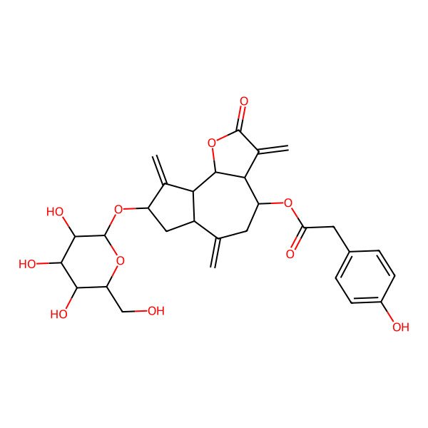 2D Structure of (3abeta,4R,6abeta,9abeta,9balpha)-3,6,9-Trismethylene-4alpha-(4-hydroxyphenylacetyloxy)-8alpha-(beta-D-glucopyranosyloxy)dodecahydroazuleno[4,5-b]furan-2-one