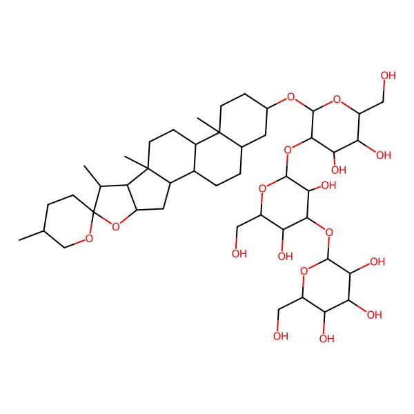2D Structure of (2S,3R,4S,5S,6R)-2-[(2S,3R,4S,5R,6R)-2-[(2R,3R,4S,5R,6R)-4,5-dihydroxy-6-(hydroxymethyl)-2-(5',7,9,13-tetramethylspiro[5-oxapentacyclo[10.8.0.02,9.04,8.013,18]icosane-6,2'-oxane]-16-yl)oxyoxan-3-yl]oxy-3,5-dihydroxy-6-(hydroxymethyl)oxan-4-yl]oxy-6-(hydroxymethyl)oxane-3,4,5-triol