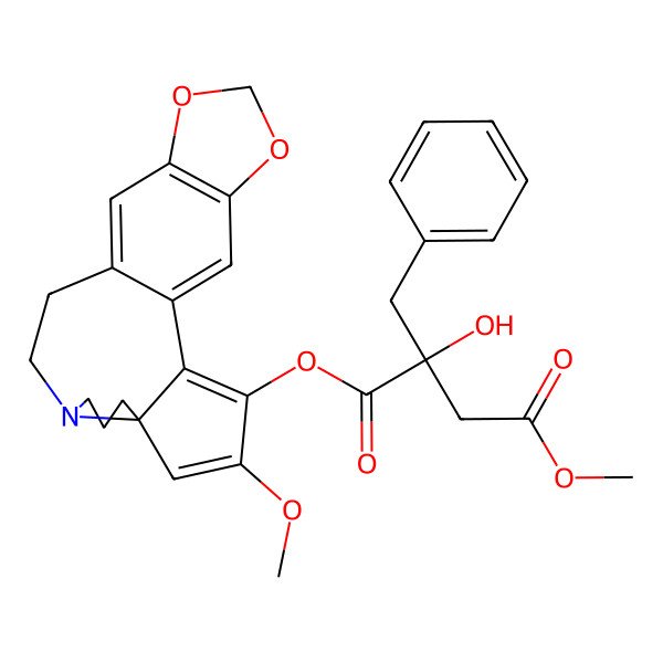 2D Structure of 1-O-(4-methoxy-16,18-dioxa-10-azapentacyclo[11.7.0.02,6.06,10.015,19]icosa-1(20),2,4,13,15(19)-pentaen-3-yl) 4-O-methyl 2-benzyl-2-hydroxybutanedioate