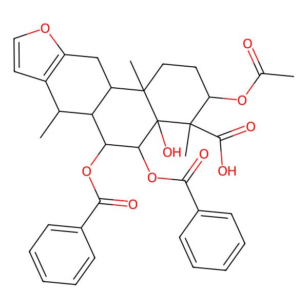 2D Structure of (3S,4S,4aS,5R,6R,6aS,7R,11aS,11bR)-3-acetyloxy-5,6-dibenzoyloxy-4a-hydroxy-4,7,11b-trimethyl-2,3,5,6,6a,7,11,11a-octahydro-1H-naphtho[2,1-f][1]benzofuran-4-carboxylic acid