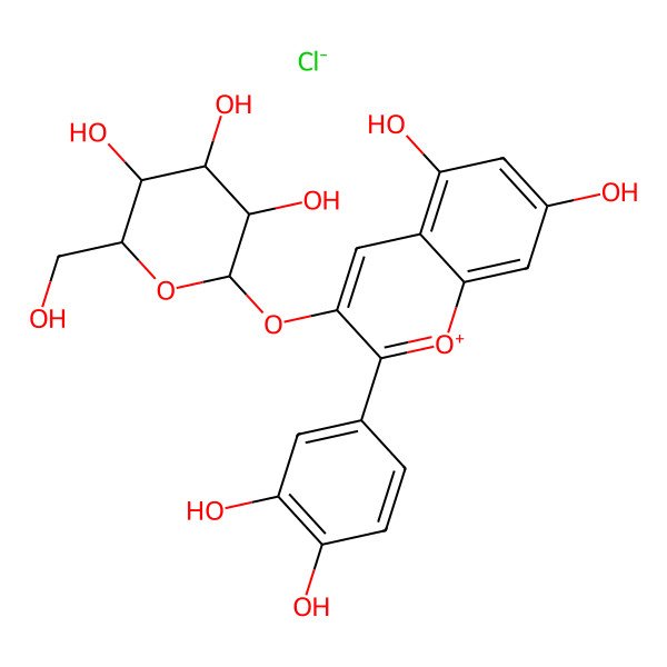2D Structure of (2S,4S,5R)-2-[2-(3,4-dihydroxyphenyl)-5,7-dihydroxychromenylium-3-yl]oxy-6-(hydroxymethyl)oxane-3,4,5-triol;chloride
