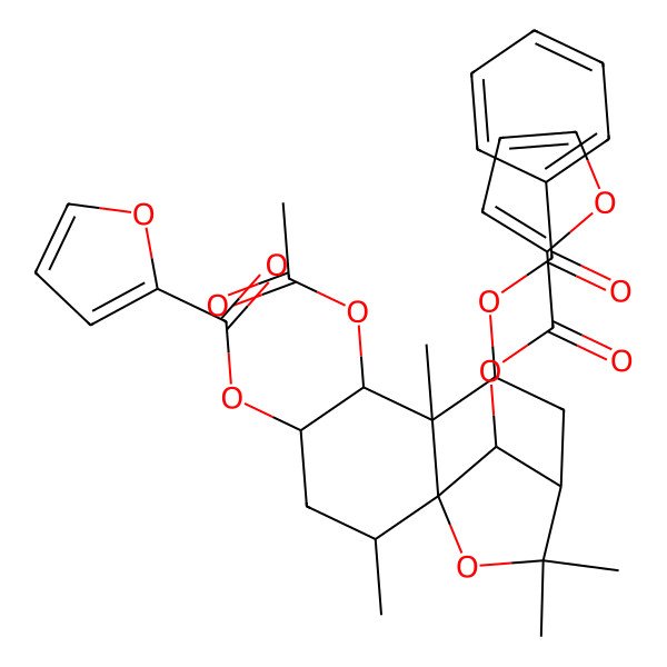 2D Structure of [(1S,2R,4S,5R,6R,7S,9R,12R)-5-acetyloxy-7-benzoyloxy-12-(furan-2-carbonyloxy)-2,6,10,10-tetramethyl-11-oxatricyclo[7.2.1.01,6]dodecan-4-yl] furan-2-carboxylate