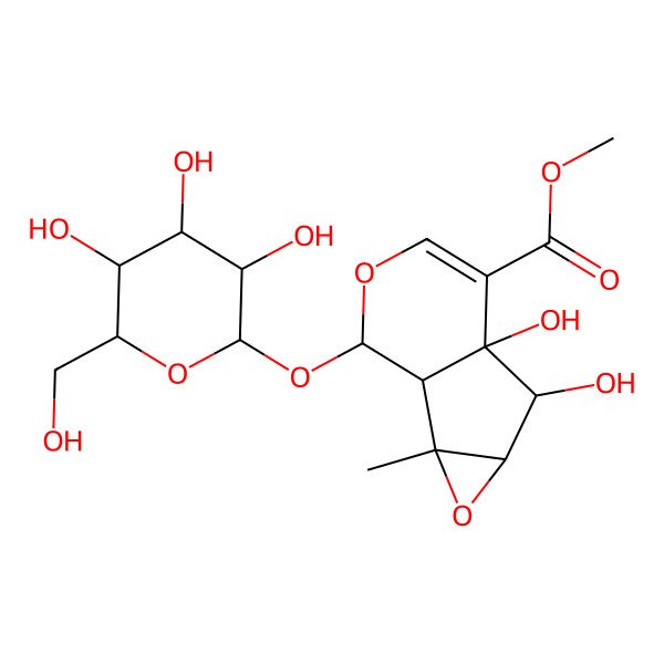 2D Structure of methyl (2R,5R,6R)-5,6-dihydroxy-2-methyl-10-[(2S,3R,4S,5S,6R)-3,4,5-trihydroxy-6-(hydroxymethyl)oxan-2-yl]oxy-3,9-dioxatricyclo[4.4.0.02,4]dec-7-ene-7-carboxylate