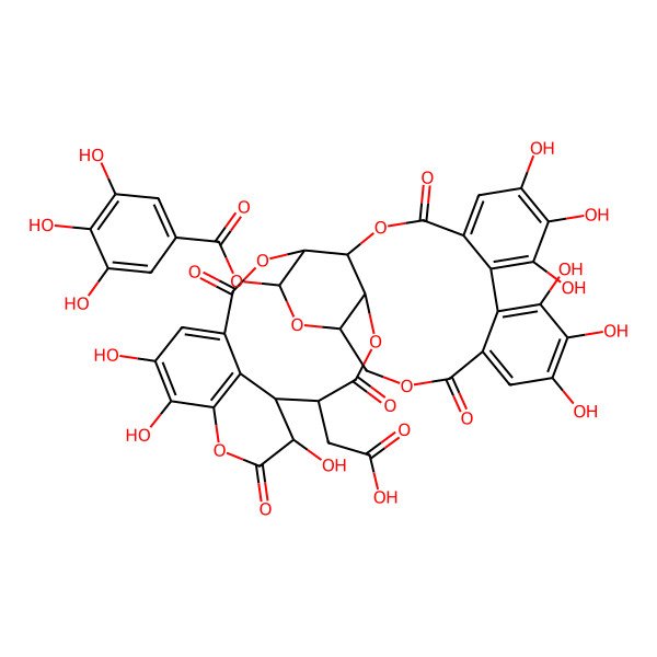 2D Structure of 2-[(31S)-13,14,15,18,19,20,31,35,36-nonahydroxy-2,10,23,28,32-pentaoxo-5-(3,4,5-trihydroxybenzoyl)oxy-3,6,9,24,27,33-hexaoxaheptacyclo[28.7.1.04,25.07,26.011,16.017,22.034,38]octatriaconta-1(37),11,13,15,17,19,21,34(38),35-nonaen-29-yl]acetic acid
