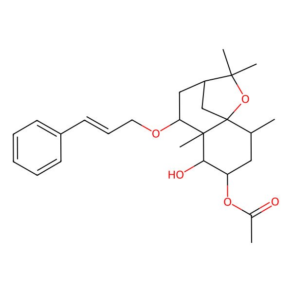 2D Structure of [(1S,2R,4S,5R,6S,7S,9R)-5-hydroxy-2,6,10,10-tetramethyl-7-[(E)-3-phenylprop-2-enoxy]-11-oxatricyclo[7.2.1.01,6]dodecan-4-yl] acetate