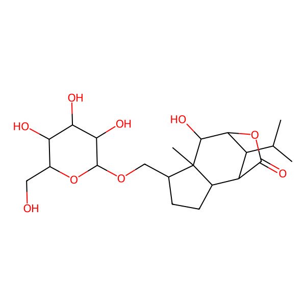 2D Structure of (1S,2R,5S,6S,7R,8S,11R)-7-hydroxy-6-methyl-11-propan-2-yl-5-[[(2R,3R,4S,5S,6R)-3,4,5-trihydroxy-6-(hydroxymethyl)oxan-2-yl]oxymethyl]-9-oxatricyclo[6.2.1.02,6]undecan-10-one