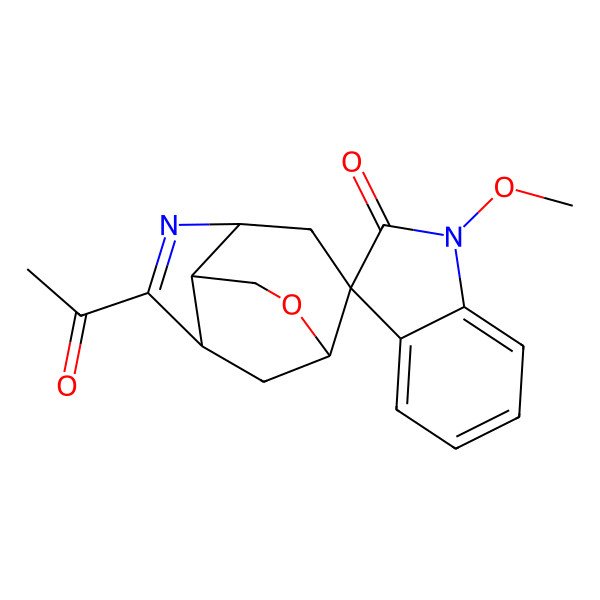 2D Structure of 6-Acetyl-1'-methoxyspiro[10-oxa-5-azatricyclo[5.3.1.04,8]undec-5-ene-2,3'-indole]-2'-one