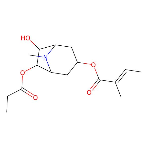 2D Structure of 6-Hydroxy-8-methyl-7-(propanoyloxy)-8-azabicyclo[3.2.1]oct-3-yl (2E)-2-methylbut-2-enoate