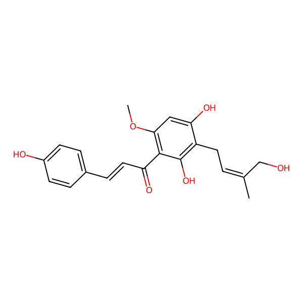 2D Structure of (E)-1-[2,4-dihydroxy-3-[(E)-4-hydroxy-3-methylbut-2-enyl]-6-methoxyphenyl]-3-(4-hydroxyphenyl)prop-2-en-1-one