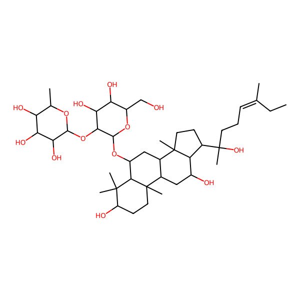 2D Structure of (2S,3R,4R,5R,6S)-2-[(2R,3R,4S,5S,6R)-2-[[(3R,5S,6R,8S,9R,10R,12S,13S,14R,17R)-3,12-dihydroxy-17-[(E,2S)-2-hydroxy-6-methyloct-5-en-2-yl]-4,4,10,14-tetramethyl-1,2,3,5,6,7,8,9,11,12,13,15,16,17-tetradecahydrocyclopenta[a]phenanthren-6-yl]oxy]-4,5-dihydroxy-6-(hydroxymethyl)oxan-3-yl]oxy-6-methyloxane-3,4,5-triol