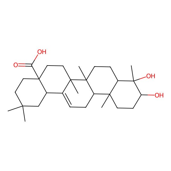2D Structure of (4aS,6aS,6bR,8aR,9S,10S,12aR,14bS)-9,10-dihydroxy-2,2,6a,6b,9,12a-hexamethyl-1,3,4,5,6,6a,7,8,8a,10,11,12,13,14b-tetradecahydropicene-4a-carboxylic acid