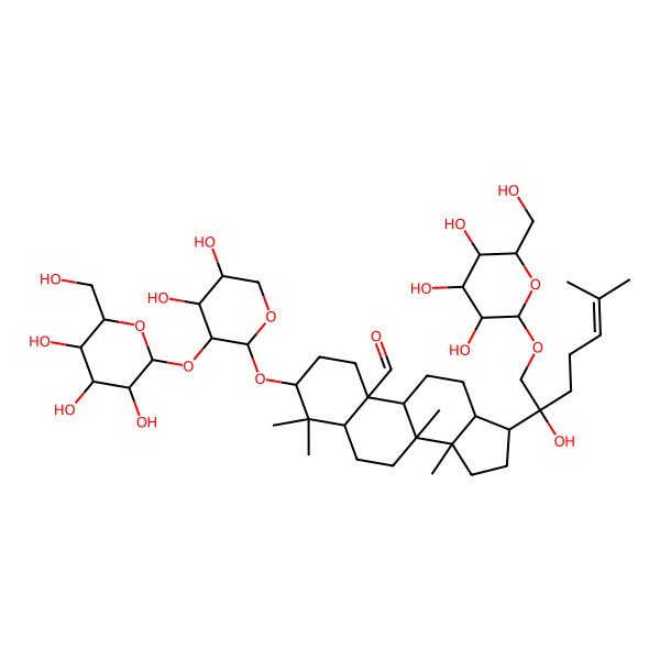 2D Structure of (14R)-3-[(2S,3R,4S,5R)-4,5-dihydroxy-3-[(2S,3R,4S,5S,6R)-3,4,5-trihydroxy-6-(hydroxymethyl)oxan-2-yl]oxyoxan-2-yl]oxy-17-[2-hydroxy-6-methyl-1-[(2S,3R,4S,5S,6R)-3,4,5-trihydroxy-6-(hydroxymethyl)oxan-2-yl]oxyhept-5-en-2-yl]-4,4,8,14-tetramethyl-2,3,5,6,7,9,11,12,13,15,16,17-dodecahydro-1H-cyclopenta[a]phenanthrene-10-carbaldehyde