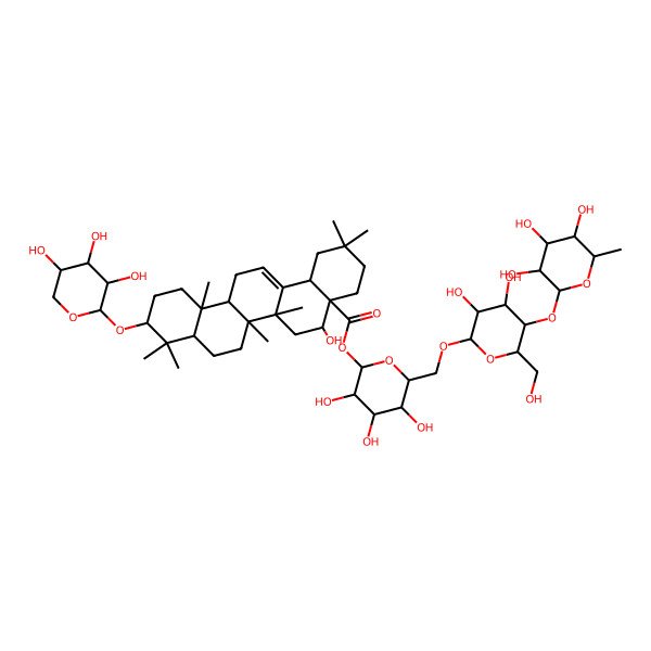 2D Structure of [(2S,3R,4S,5S,6R)-6-[[(2R,3R,4R,5S,6R)-3,4-dihydroxy-6-(hydroxymethyl)-5-[(2S,3R,4R,5R,6S)-3,4,5-trihydroxy-6-methyloxan-2-yl]oxyoxan-2-yl]oxymethyl]-3,4,5-trihydroxyoxan-2-yl] (4aR,5R,6aR,6aS,6bR,8aR,10S,12aR,14bS)-5-hydroxy-2,2,6a,6b,9,9,12a-heptamethyl-10-[(2S,3R,4S,5S)-3,4,5-trihydroxyoxan-2-yl]oxy-1,3,4,5,6,6a,7,8,8a,10,11,12,13,14b-tetradecahydropicene-4a-carboxylate