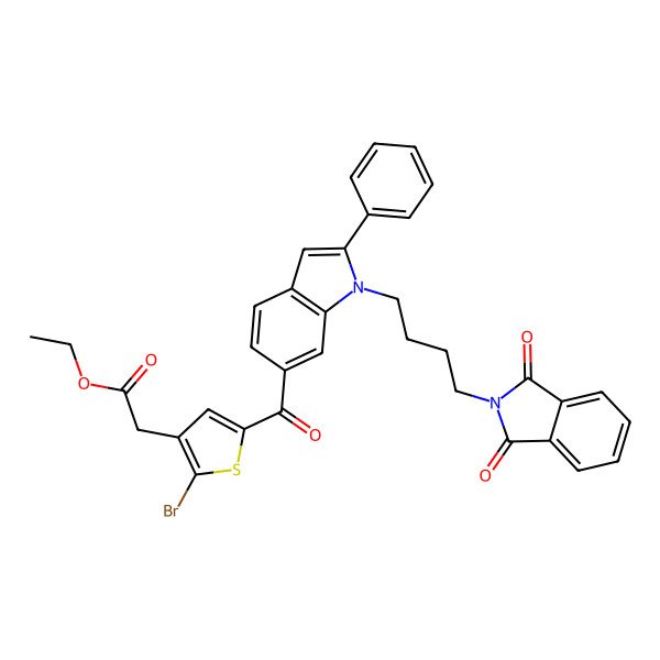 2D Structure of Ethyl 2-(2-bromo-5-(1-(4-(1,3-dioxoisoindolin-2-yl)butyl)-2-phenyl-1H-indole-6-car-bonyl)thiophen-3-yl)acetate