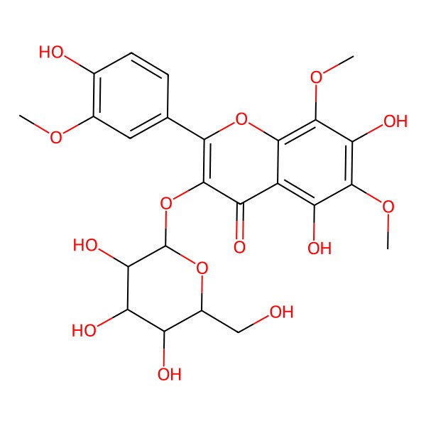 2D Structure of 4H-1-Benzopyran-4-one, 3-(beta-D-glucopyranosyloxy)-5,7-dihydroxy-2-(4-hydroxy-3-methoxyphenyl)-6,8-dimethoxy-