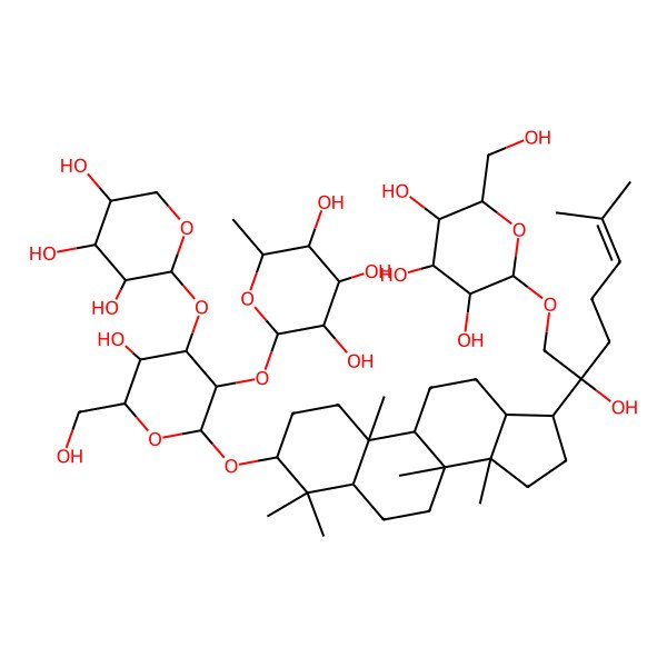 2D Structure of (2S,3R,4R,5R,6S)-2-[(2R,3R,4S,5R,6R)-5-hydroxy-6-(hydroxymethyl)-2-[[(3S,5R,8R,9R,10R,13R,14R,17S)-17-[(2S)-2-hydroxy-6-methyl-1-[(2R,3R,4S,5S,6R)-3,4,5-trihydroxy-6-(hydroxymethyl)oxan-2-yl]oxyhept-5-en-2-yl]-4,4,8,10,14-pentamethyl-2,3,5,6,7,9,11,12,13,15,16,17-dodecahydro-1H-cyclopenta[a]phenanthren-3-yl]oxy]-4-[(2S,3R,4S,5R)-3,4,5-trihydroxyoxan-2-yl]oxyoxan-3-yl]oxy-6-methyloxane-3,4,5-triol