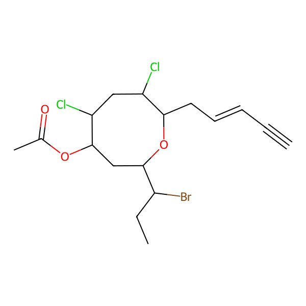 2D Structure of (2R)-2beta-[(R)-1-Bromopropyl]-5beta,7alpha-dichloro-8alpha-[(2E)-2-pentene-4-ynyl]oxocane-4alpha-ol acetate
