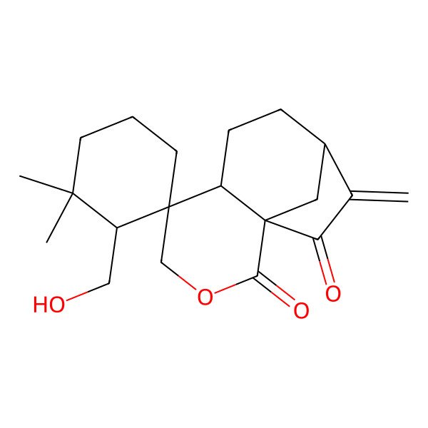 2D Structure of (1S,2'R,5R,6S,9R)-2'-(hydroxymethyl)-3',3'-dimethyl-10-methylidenespiro[3-oxatricyclo[7.2.1.01,6]dodecane-5,1'-cyclohexane]-2,11-dione