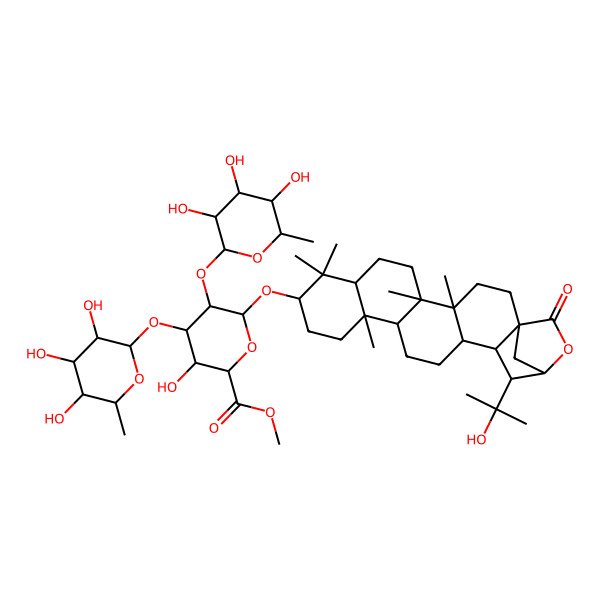 2D Structure of methyl (2S,3S,4S,5R,6R)-3-hydroxy-6-[[(1R,4R,5R,8R,10S,13R,14R,17R,18S,19S,20S)-19-(2-hydroxypropan-2-yl)-4,5,9,9,13-pentamethyl-22-oxo-21-oxahexacyclo[18.2.1.01,18.04,17.05,14.08,13]tricosan-10-yl]oxy]-4,5-bis[[(2S,3R,4R,5R,6S)-3,4,5-trihydroxy-6-methyloxan-2-yl]oxy]oxane-2-carboxylate