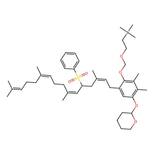 2D Structure of 2-[[6-[(2E,6E,10E)-5-(benzenesulfonyl)-3,7,11,15-tetramethylhexadeca-2,6,10,14-tetraenyl]-2,3-dimethyl-4-(oxan-2-yloxy)phenoxy]methoxy]ethyl-trimethylsilane