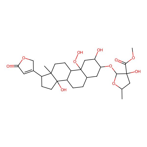 2D Structure of 3beta-[[(2S,3R,5R)-3-Hydroxy-3-(methoxycarbonyl)-5-methyltetrahydrofuran-2-yl]oxy]-2alpha,14-dihydroxy-10-hydroperoxy-19-nor-5alpha-carda-20(22)-enolide