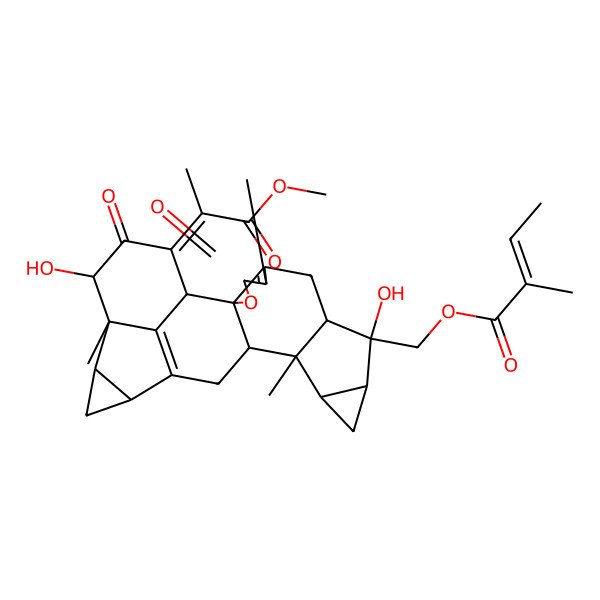2D Structure of [(1R,2S,8R,9S,10S,12R,13S,14S,17S,19R,20S,21R,23Z)-9,21-dihydroxy-23-(1-methoxy-1-oxopropan-2-ylidene)-5,13,20-trimethyl-4,22-dioxo-3-oxaoctacyclo[14.7.1.02,6.02,14.08,13.010,12.017,19.020,24]tetracosa-5,16(24)-dien-9-yl]methyl (E)-2-methylbut-2-enoate