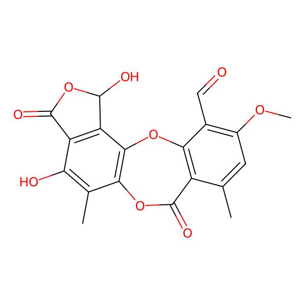 2D Structure of (17S)-13,17-dihydroxy-5-methoxy-7,12-dimethyl-9,15-dioxo-2,10,16-trioxatetracyclo[9.7.0.03,8.014,18]octadeca-1(11),3(8),4,6,12,14(18)-hexaene-4-carbaldehyde