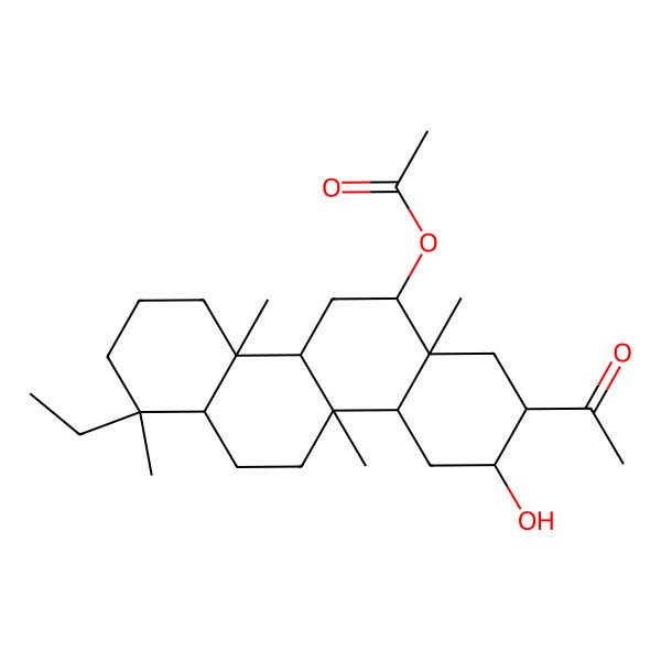 2D Structure of (4aalpha,6aalpha,10balpha)-2alpha-Acetyl-7beta-ethyl-4bbeta,7,10abeta,12abeta-tetramethyloctadecahydrochrysene-3beta,12alpha-diol 12-acetate