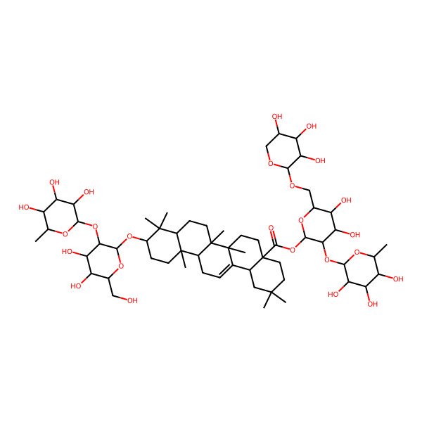 2D Structure of [(2S,3R,4S,5S,6R)-4,5-dihydroxy-3-[(2S,3R,4R,5R,6S)-3,4,5-trihydroxy-6-methyloxan-2-yl]oxy-6-[[(2S,3R,4S,5R)-3,4,5-trihydroxyoxan-2-yl]oxymethyl]oxan-2-yl] (4aS,6aR,6aS,6bR,8aR,10S,12aR,14bS)-10-[(2R,3R,4S,5S,6R)-4,5-dihydroxy-6-(hydroxymethyl)-3-[(2S,3R,4R,5R,6S)-3,4,5-trihydroxy-6-methyloxan-2-yl]oxyoxan-2-yl]oxy-2,2,6a,6b,9,9,12a-heptamethyl-1,3,4,5,6,6a,7,8,8a,10,11,12,13,14b-tetradecahydropicene-4a-carboxylate