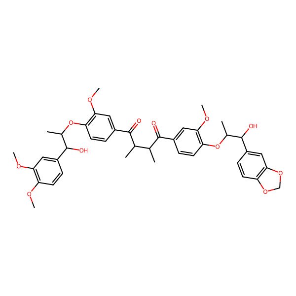 2D Structure of (2S,3R)-1-[4-[(1R,2R)-2-(1,3-benzodioxol-5-yl)-2-hydroxy-1-methyl-ethoxy]-3-methoxy-phenyl]-4-[4-[(1R,2R)-2-(3,4-dimethoxyphenyl)-2-hydroxy-1-methyl-ethoxy]-3-methoxy-phenyl]-2,3-dimethyl-butane-1,4-dione