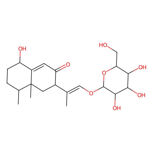 2D Structure of (3S,4aR,5S,8R)-8-hydroxy-4a,5-dimethyl-3-((E)-1-((2R,3R,4S,5S,6R)-3,4,5-trihydroxy-6-(hydroxymethyl)tetrahydro-2H-pyran-2-yloxy)prop-1-en-2-yl)-4,4a,5,6,7,8-hexahydronaphthalen-2(3H)-one