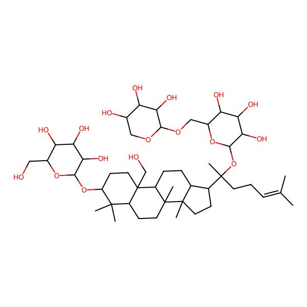 2D Structure of (2R,3S,4S,5R,6R)-2-(hydroxymethyl)-6-[[10-(hydroxymethyl)-4,4,8,14-tetramethyl-17-[6-methyl-2-[(2S,3R,4S,5S,6R)-3,4,5-trihydroxy-6-[[(2R,3R,4S,5R)-3,4,5-trihydroxyoxan-2-yl]oxymethyl]oxan-2-yl]oxyhept-5-en-2-yl]-2,3,5,6,7,9,11,12,13,15,16,17-dodecahydro-1H-cyclopenta[a]phenanthren-3-yl]oxy]oxane-3,4,5-triol