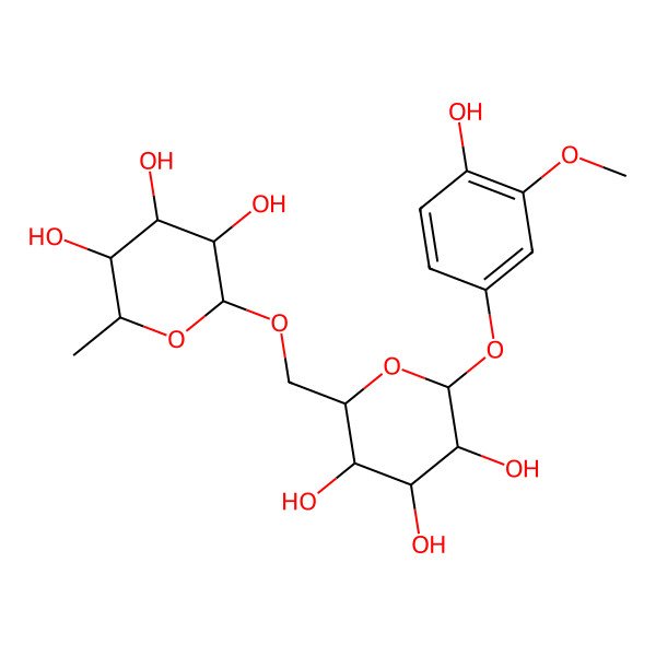 2D Structure of (2S,3R,4R,5R,6R)-2-methyl-6-[[(2R,3S,4S,5R,6S)-3,4,5-trihydroxy-6-(4-hydroxy-3-methoxyphenoxy)oxan-2-yl]methoxy]oxane-3,4,5-triol