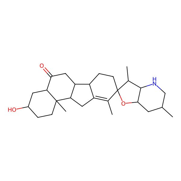 2D Structure of (3S,3'R,4aS,6'S,6aR,6bS,7'aR,9R,11aS,11bR)-3-hydroxy-3',6',10,11b-tetramethylspiro[1,2,3,4,4a,6,6a,6b,7,8,11,11a-dodecahydrobenzo[a]fluorene-9,2'-3a,4,5,6,7,7a-hexahydro-3H-furo[3,2-b]pyridine]-5-one