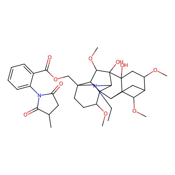 2D Structure of [(2R,3R,5S,6S,8R,9R,10R,13S,17R,18S)-11-ethyl-8,9-dihydroxy-4,6,16,18-tetramethoxy-11-azahexacyclo[7.7.2.12,5.01,10.03,8.013,17]nonadecan-13-yl]methyl 2-(3-methyl-2,5-dioxopyrrolidin-1-yl)benzoate