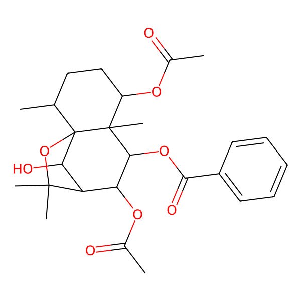 2D Structure of [(1S,2R,5S,6S,7R,8S,9S,12R)-5,8-diacetyloxy-12-hydroxy-2,6,10,10-tetramethyl-11-oxatricyclo[7.2.1.01,6]dodecan-7-yl] benzoate