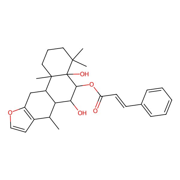 2D Structure of [(4aR,5R,6R,6aS,7R,11aS,11bR)-4a,6-dihydroxy-4,4,7,11b-tetramethyl-2,3,5,6,6a,7,11,11a-octahydro-1H-naphtho[2,1-f]benzofuran-5-yl] (E)-3-phenylprop-2-enoate