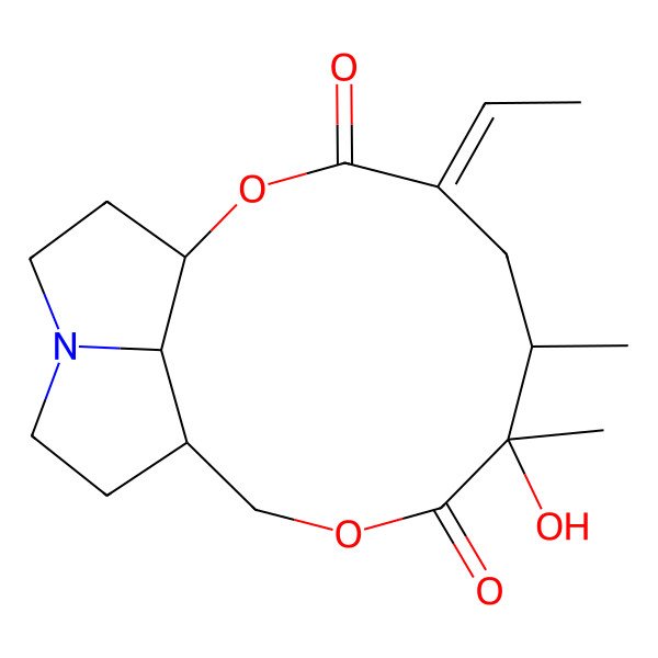 2D Structure of (1R,4Z,6R,7S,11R,17S)-4-ethylidene-7-hydroxy-6,7-dimethyl-2,9-dioxa-14-azatricyclo[9.5.1.014,17]heptadecane-3,8-dione
