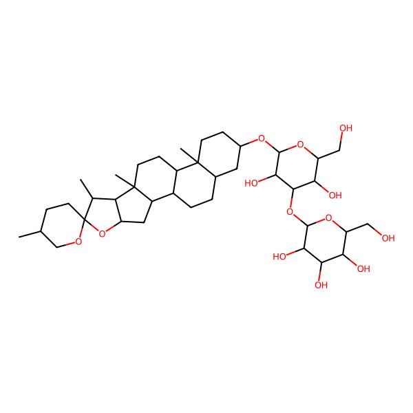 2D Structure of (2S,3R,4S,5S,6R)-2-[(2R,3S,4S,5R,6R)-3,5-dihydroxy-2-(hydroxymethyl)-6-[(1R,2S,4S,5'R,6R,7S,8R,9S,12S,13S,16S,18R)-5',7,9,13-tetramethylspiro[5-oxapentacyclo[10.8.0.02,9.04,8.013,18]icosane-6,2'-oxane]-16-yl]oxyoxan-4-yl]oxy-6-(hydroxymethyl)oxane-3,4,5-triol