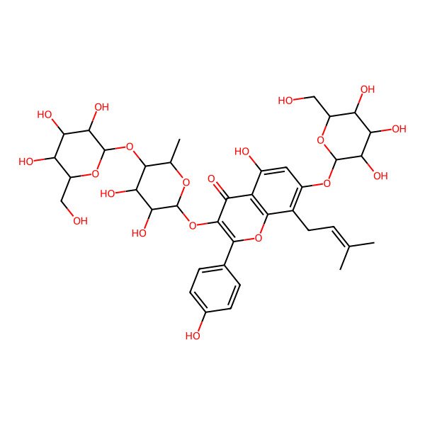 2D Structure of 3-[(2S,3R,4S,5R,6S)-3,4-dihydroxy-6-methyl-5-[(2S,3R,4S,5S,6R)-3,4,5-trihydroxy-6-(hydroxymethyl)oxan-2-yl]oxyoxan-2-yl]oxy-5-hydroxy-2-(4-hydroxyphenyl)-8-(3-methylbut-2-enyl)-7-[(2S,3R,4S,5S,6R)-3,4,5-trihydroxy-6-(hydroxymethyl)oxan-2-yl]oxychromen-4-one