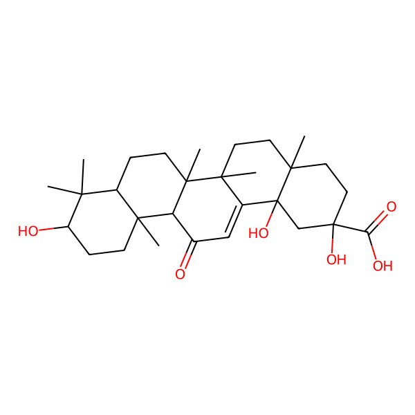 2D Structure of (2R,4aS,6bR,12aS)-2,10,14b-trihydroxy-4a,6a,6b,9,9,12a-hexamethyl-13-oxo-1,3,4,5,6,6a,7,8,8a,10,11,12-dodecahydropicene-2-carboxylic acid 2D Structure of (2R,4aS,6bR,12aS)-2,10,14b-trihydroxy-4a,6a,6b,9,9,12a-hexamethyl-13-oxo-1,3,4,5,6,6a,7,8,8a,10,11,12-dodecahydropicene-2-carboxylic acid