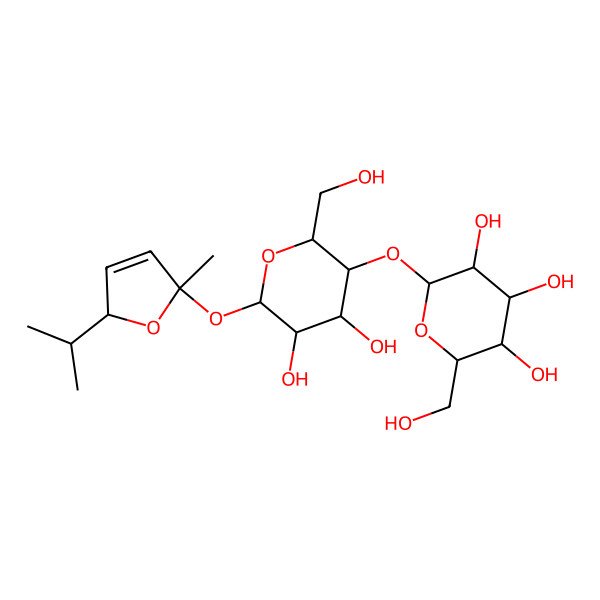 2D Structure of (2S,3R,4S,5S,6R)-2-[(2R,3S,4R,5R,6S)-4,5-dihydroxy-2-(hydroxymethyl)-6-[(5-methyl-2-propan-2-yl-2H-furan-5-yl)oxy]oxan-3-yl]oxy-6-(hydroxymethyl)oxane-3,4,5-triol