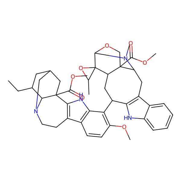 2D Structure of methyl (1S,3'R,12R,14S,15R,16S,19R)-12-[(1S,15S,17S,18S)-17-ethyl-6-methoxy-1-methoxycarbonyl-3,13-diazapentacyclo[13.3.1.02,10.04,9.013,18]nonadeca-2(10),4(9),5,7-tetraen-5-yl]-3',20-dimethylspiro[17-oxa-10,20-diazapentacyclo[14.3.1.03,11.04,9.014,19]icosa-3(11),4,6,8-tetraene-15,2'-oxirane]-19-carboxylate
