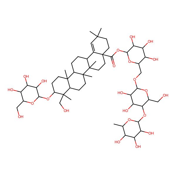 2D Structure of [(2S,3R,4S,5S,6R)-6-[[(2R,3R,4R,5S,6R)-3,4-dihydroxy-6-(hydroxymethyl)-5-[(2S,3R,4R,5R,6S)-3,4,5-trihydroxy-6-methyloxan-2-yl]oxyoxan-2-yl]oxymethyl]-3,4,5-trihydroxyoxan-2-yl] (4aS,6aR,6aR,6bR,8aR,9R,10S,12aR,14aS)-9-(hydroxymethyl)-2,2,6a,6b,9,12a-hexamethyl-10-[(2R,3R,4S,5S,6R)-3,4,5-trihydroxy-6-(hydroxymethyl)oxan-2-yl]oxy-3,4,5,6,6a,7,8,8a,10,11,12,13,14,14a-tetradecahydropicene-4a-carboxylate